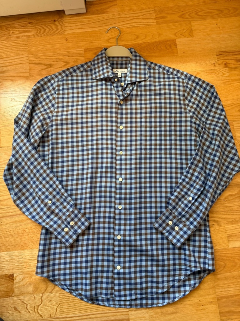 Peter Millar Button Down Shirt Men’s Medium Blue Brown Plaid 100% Cotton Classic
